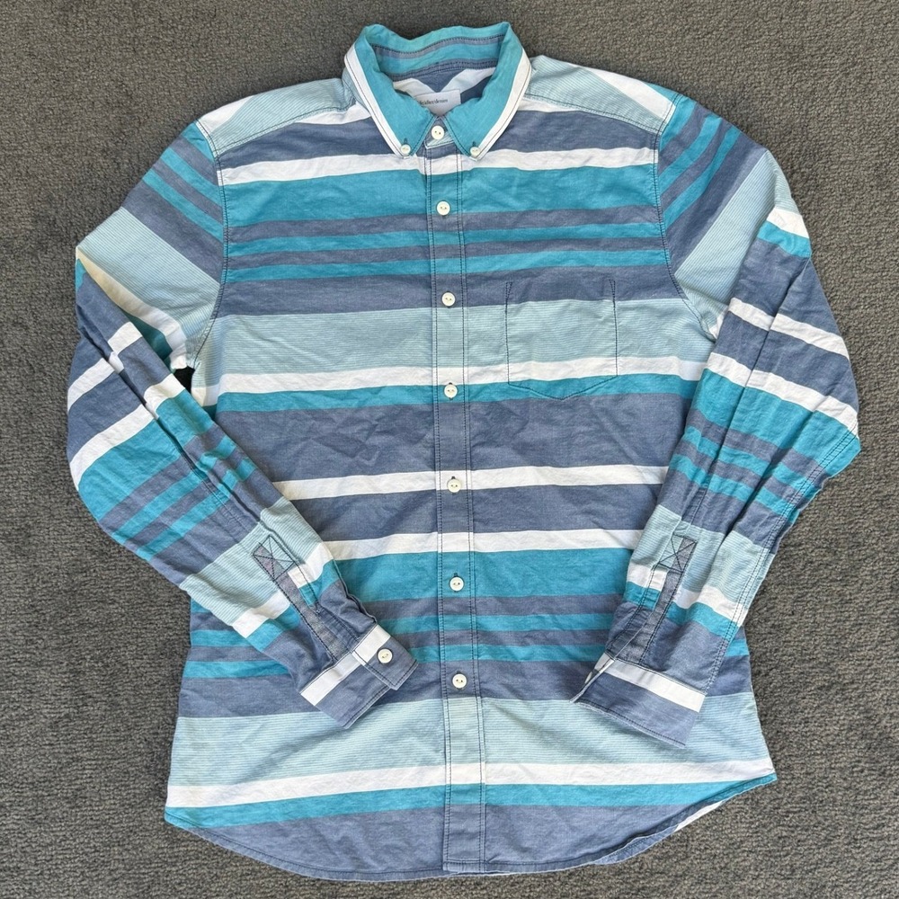 Life After Denim Mens Medium Blue Teal Striped Cotton Button Down Shirt Long Slv